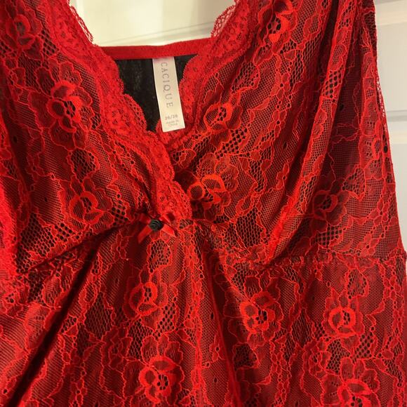 Cacique Red Lace Chemise w/Black Lining Adjustable Straps Bow Accents Plus 26/28 - Picture 4 of 9